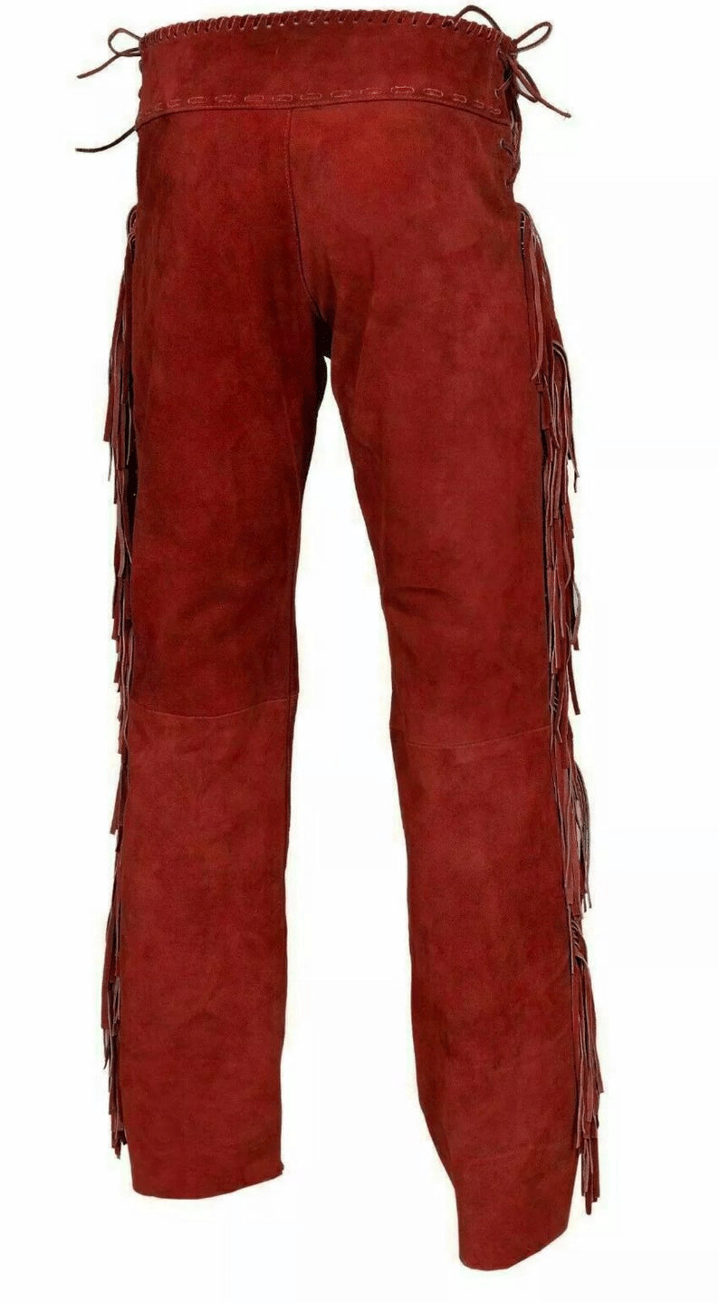 Red Suede Leather Fringe Pants For Men Western Pant MFP101