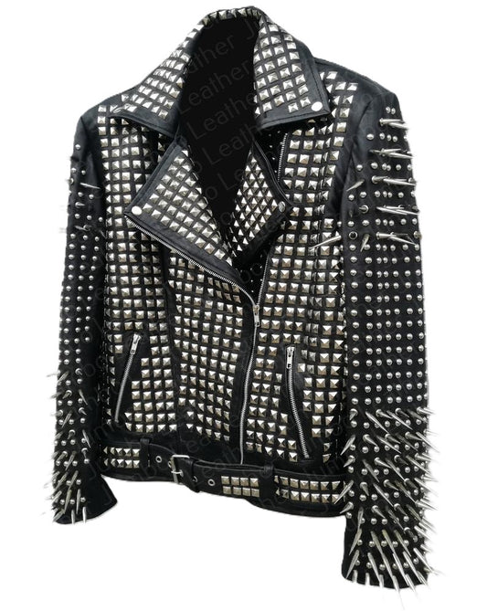 Black Leather Punk Silver Long Spiked Studded Jacket for Men MSDJ101