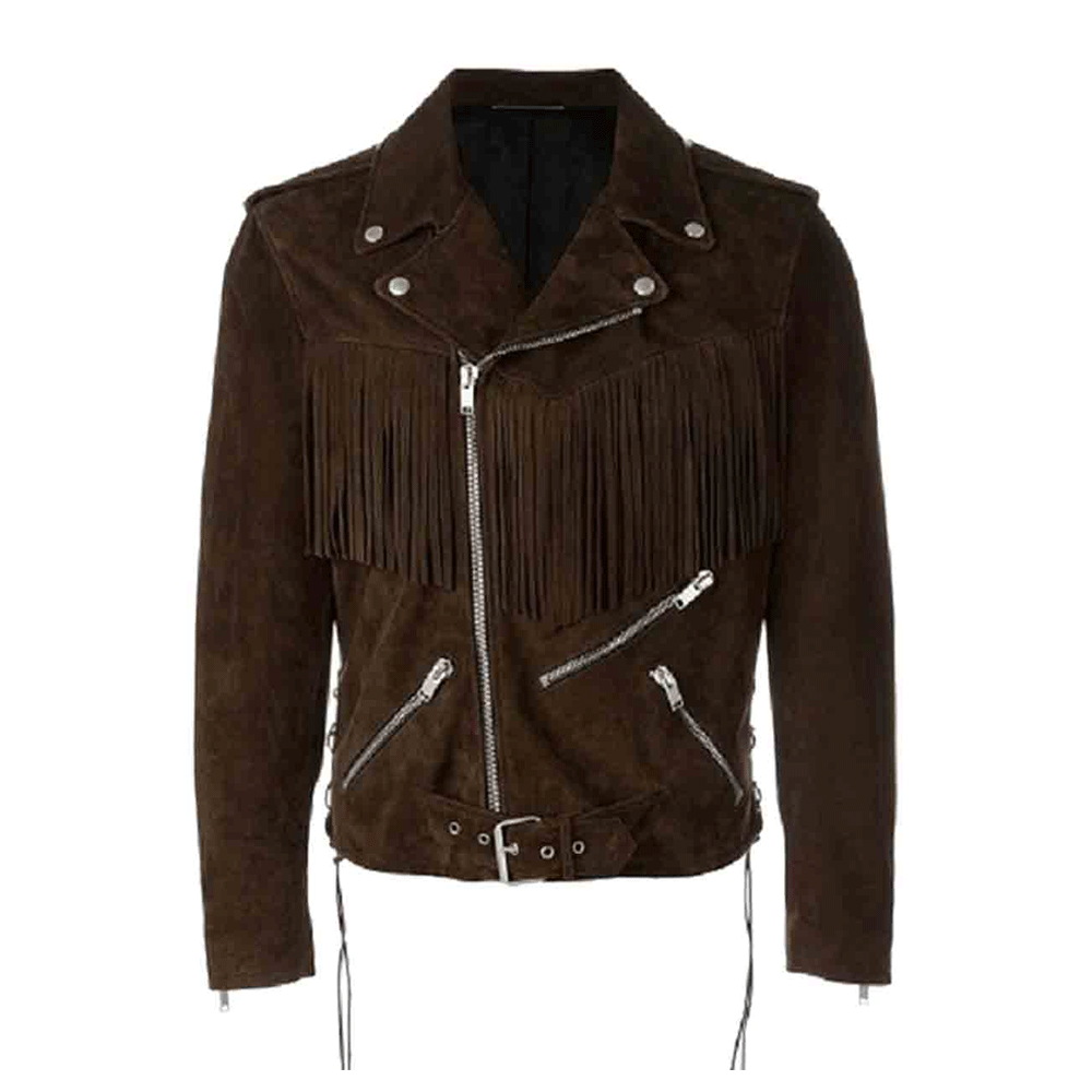 Western Fringe Brown Suede Leather Biker Jacket for Men MWJ741