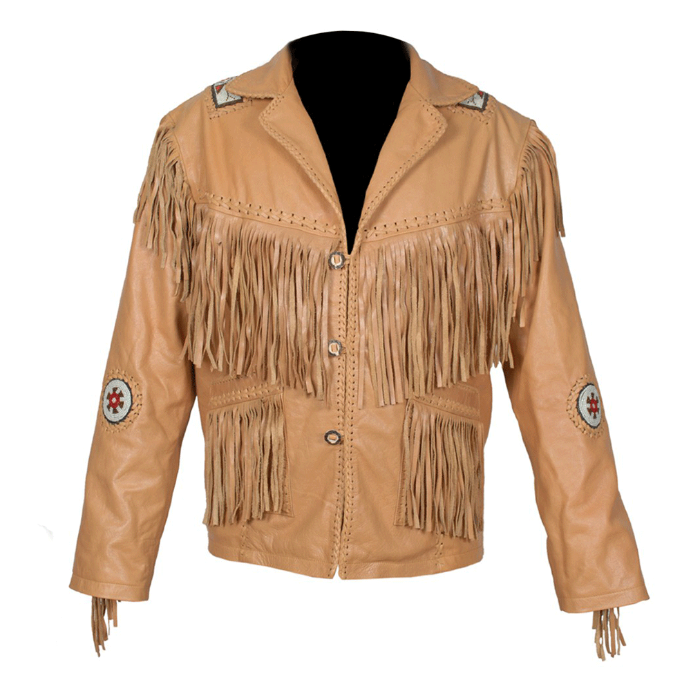 Western Tan Leather Fringe Beaded Jacket for Men MWJ320