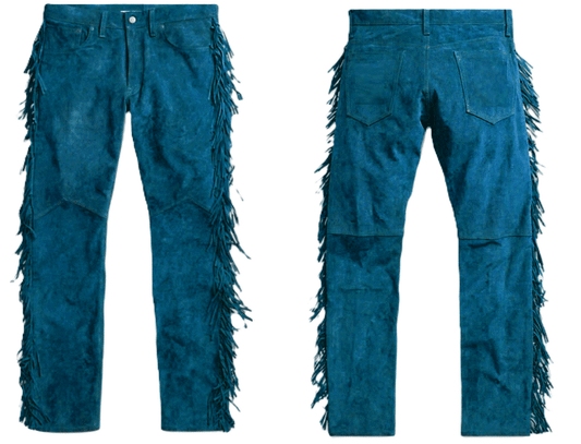 Turquoise Blue Suede Leather Fringe Pants Jeans Style For Men Western Pant MFP114