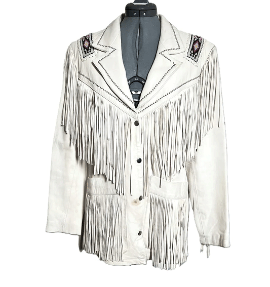 Western Fringe White Leather Jackets for Men MWJ301