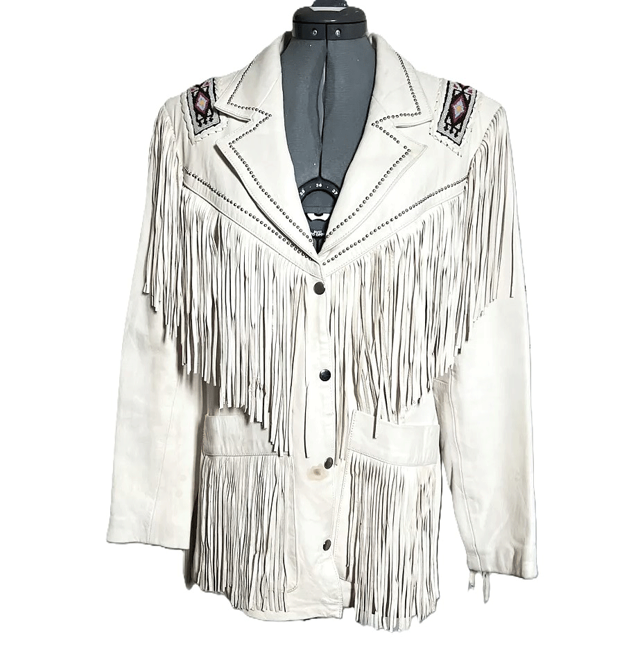 Western Fringe White Leather Jackets for Men MWJ301