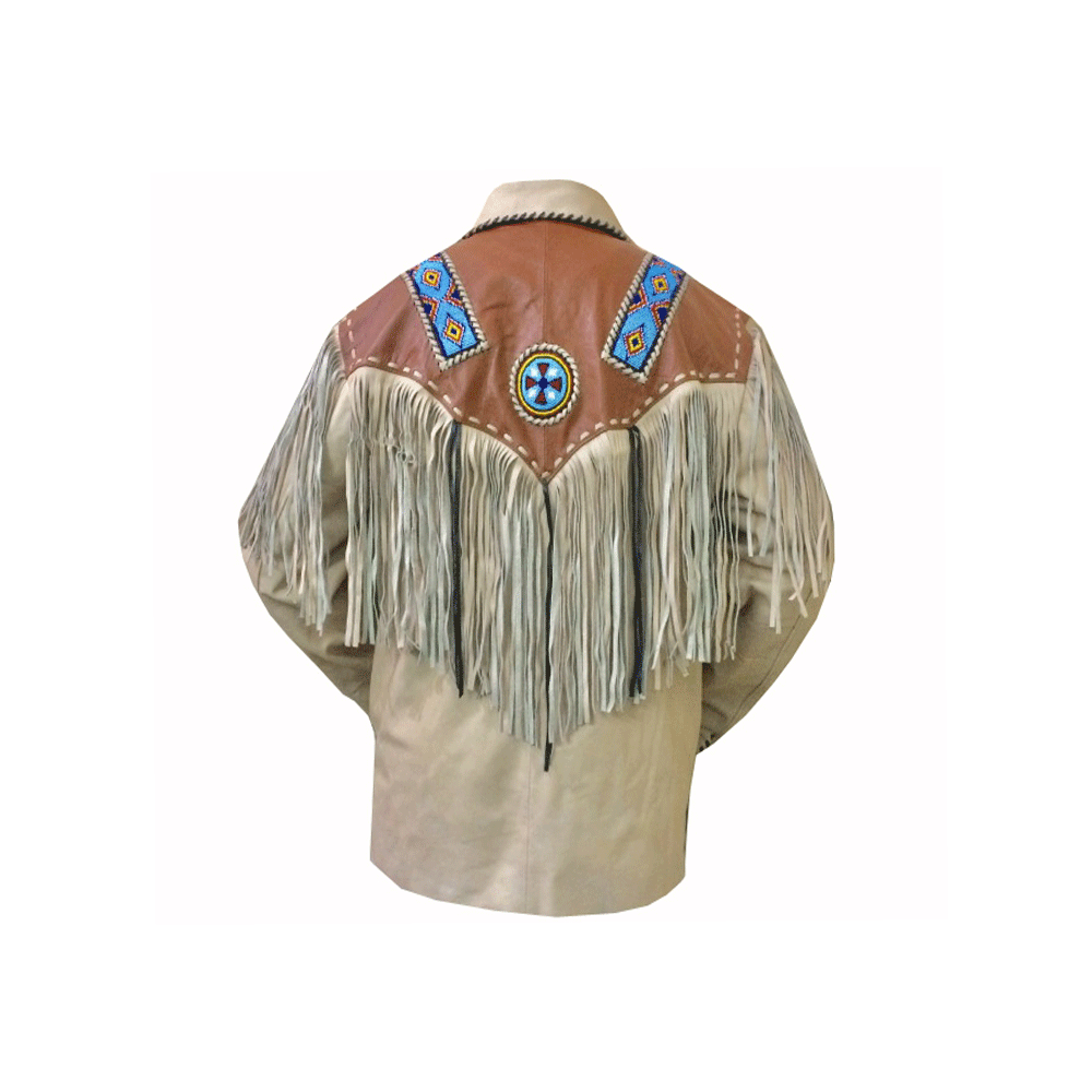 Native American Style Beige Suede Leather Fringe Beaded Jacket for Men MWJ343