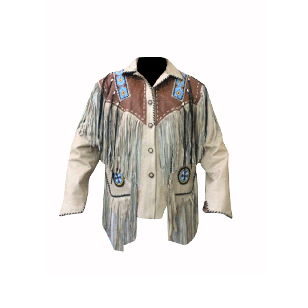 Native American Style Beige Suede Leather Fringe Beaded Jacket for Men MWJ343