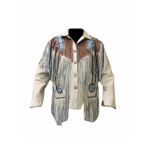 Native American Style Beige Suede Leather Fringe Beaded Jacket for Men MWJ343