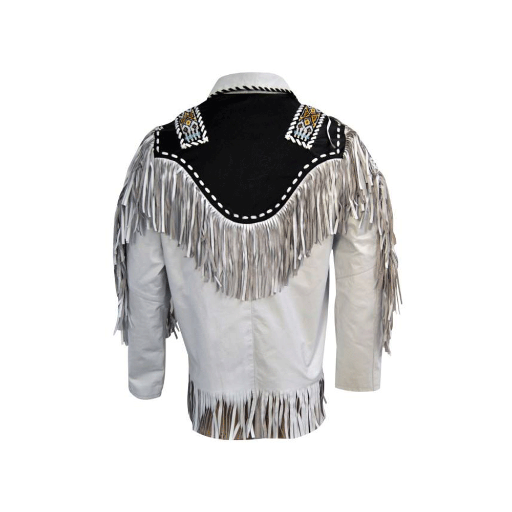 Western White Leather Fringe Beaded Jacket for Men MWJ317