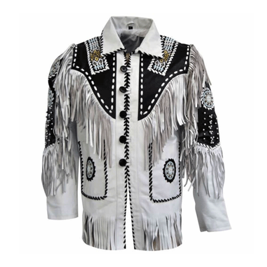 Western White Leather Fringe Beaded Jacket for Men MWJ317