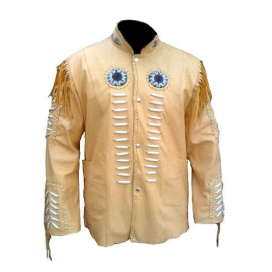 Western Beige Leather Fringe Beaded Jacket for Men MWJ324