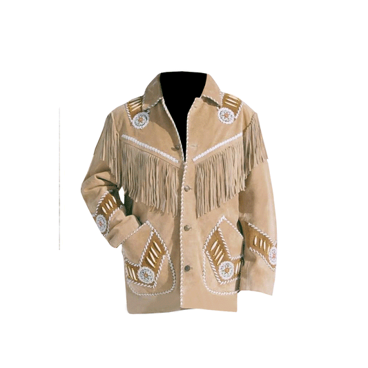 Western Beige Suede Leather Fringe Beaded Jacket for Men MWJ330