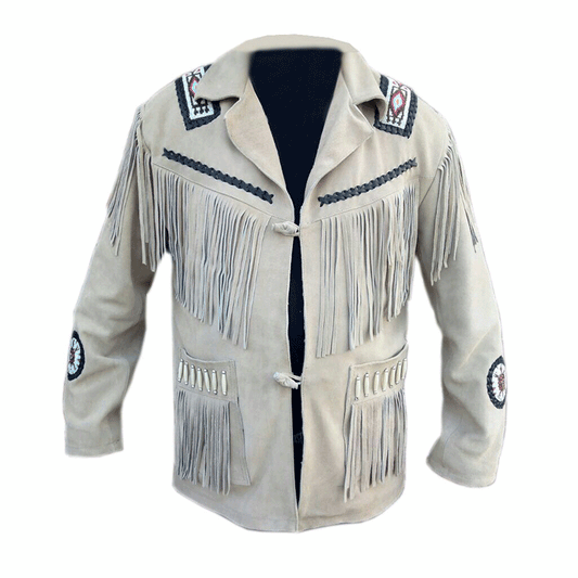 Western Beige Leather Fringe Beaded Jacket for Men MWJ318