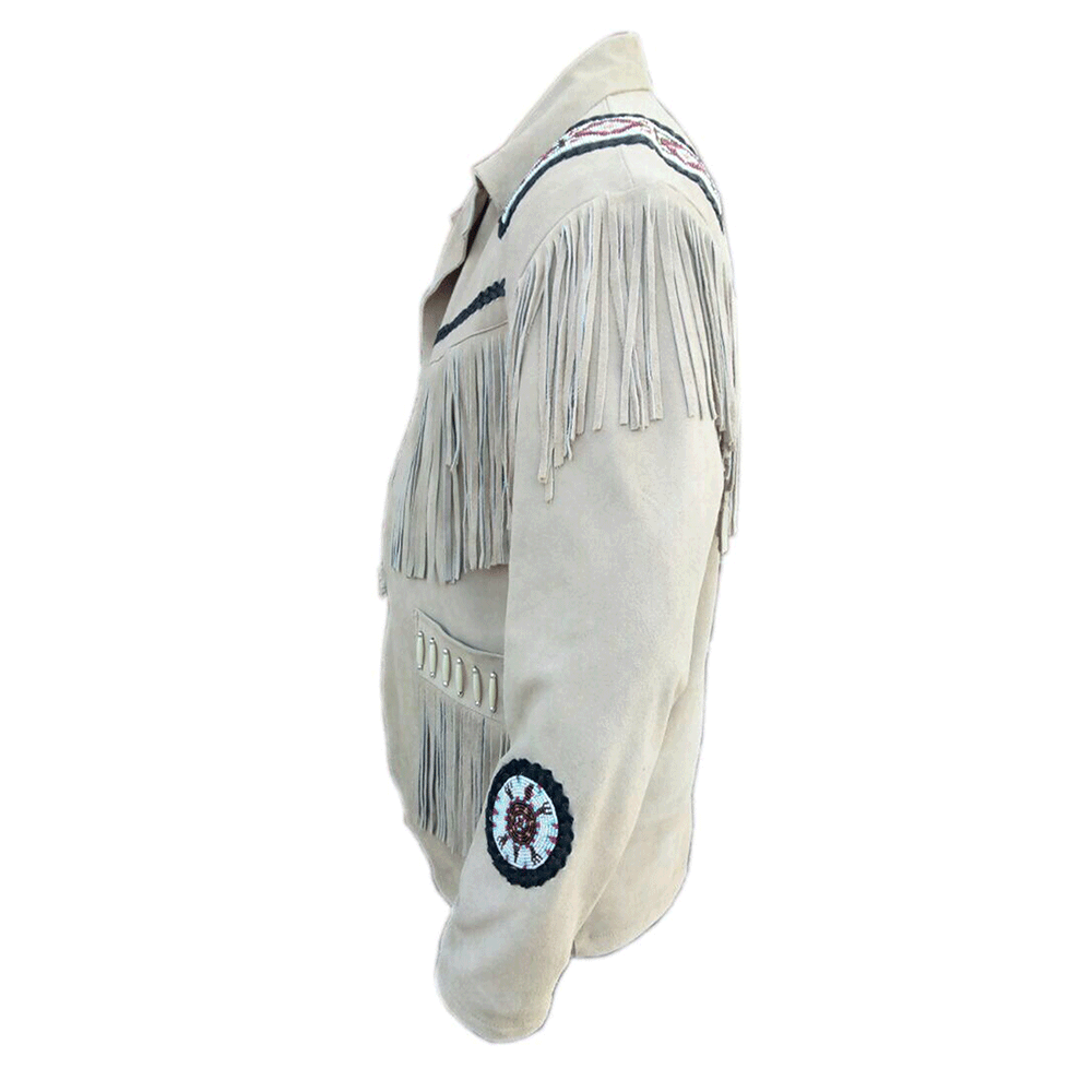 Western Beige Leather Fringe Beaded Jacket for Men MWJ318