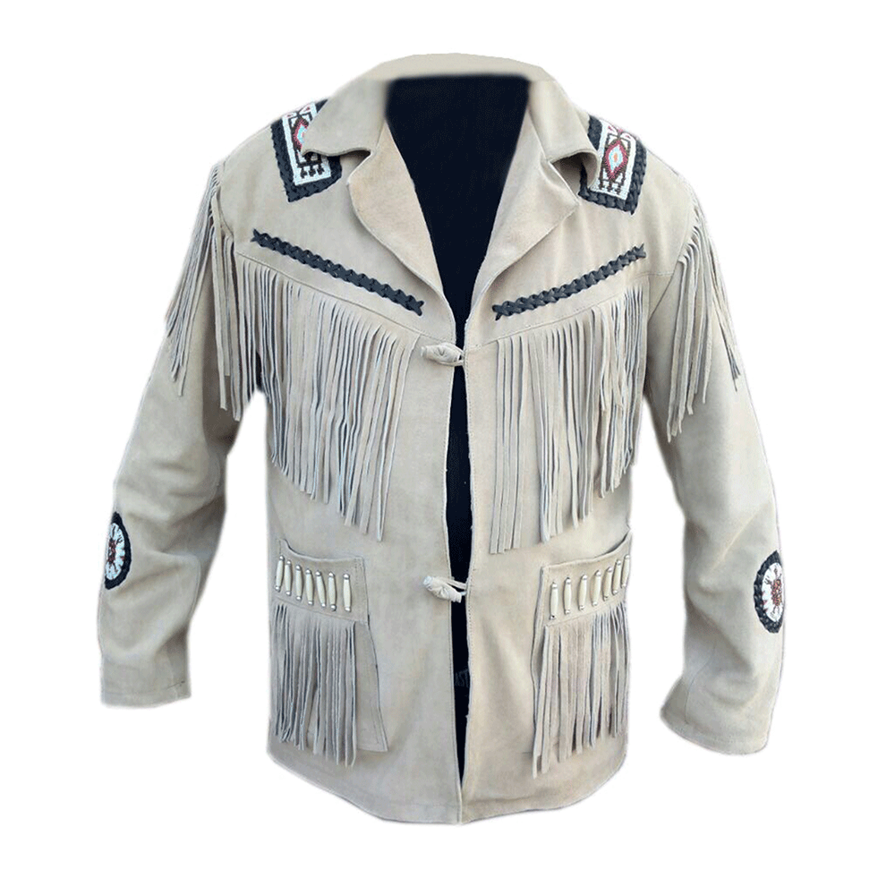 Western Beige Suede Leather Fringe Beaded Jacket for Men MWJ344