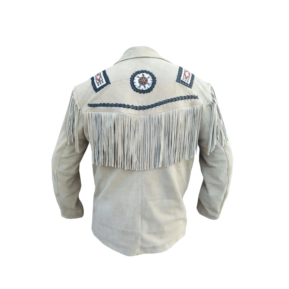 Western Beige Leather Fringe Beaded Jacket for Men MWJ318