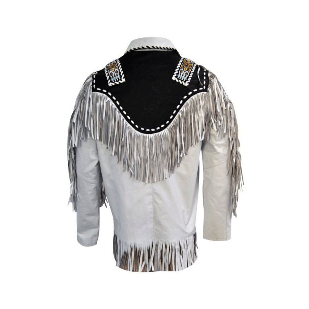 Western White Leather Fringe Beaded Jacket for Men MWJ317