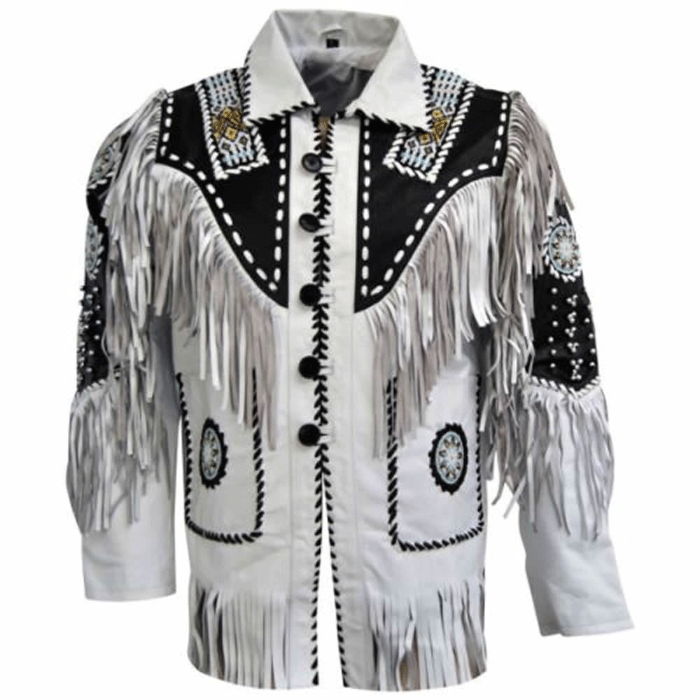 Western White Leather Fringe Beaded Jacket for Men MWJ317