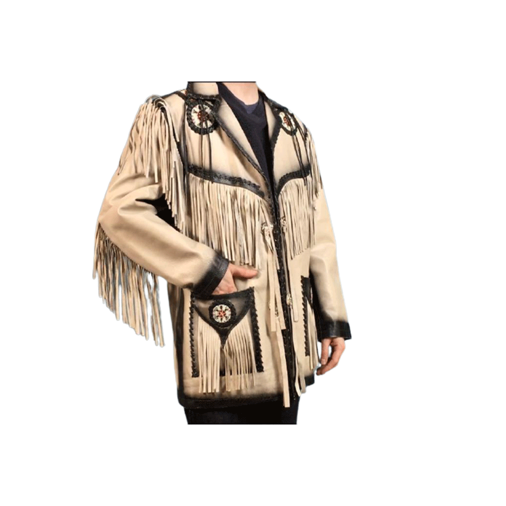 Western Beige Leather Fringe Beaded Jacket for Men MWJ316