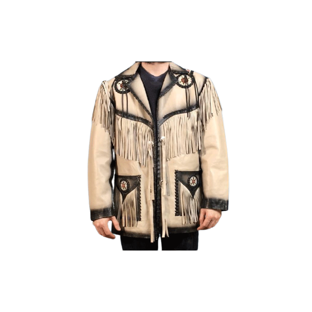 Western Beige Leather Fringe Beaded Jacket for Men MWJ316