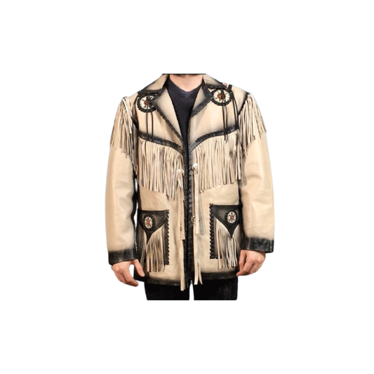 Western Beige Leather Fringe Beaded Jacket for Men MWJ316