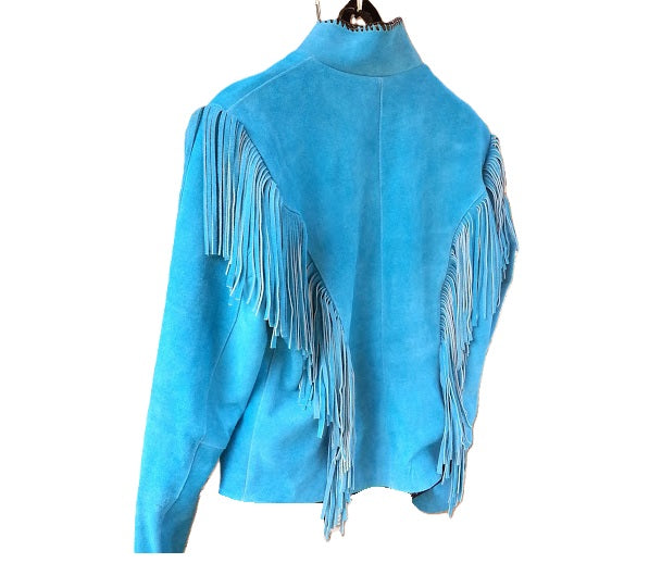 Western Fringe Blue Suede Leather Jacket for Women WFJ303