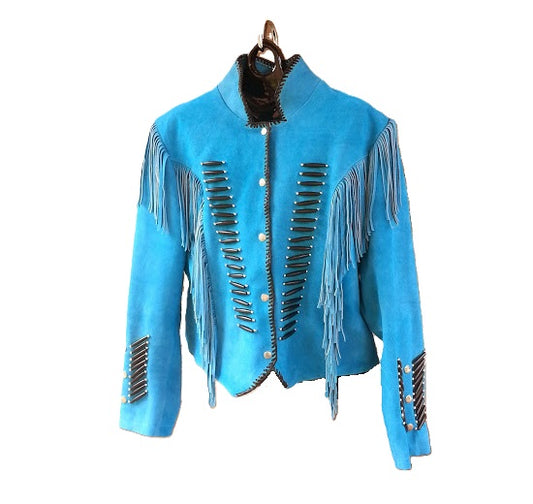 Western Fringe Blue Suede Leather Jacket for Women WFJ303