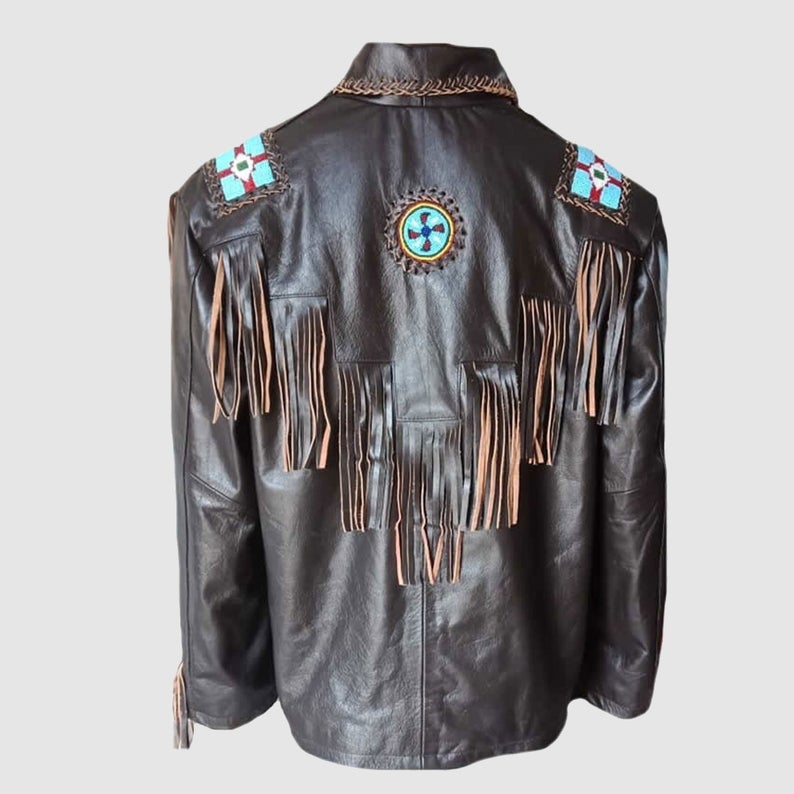 Western Brown Leather Fringe Eagle Beaded Jacket for Men MWJ761