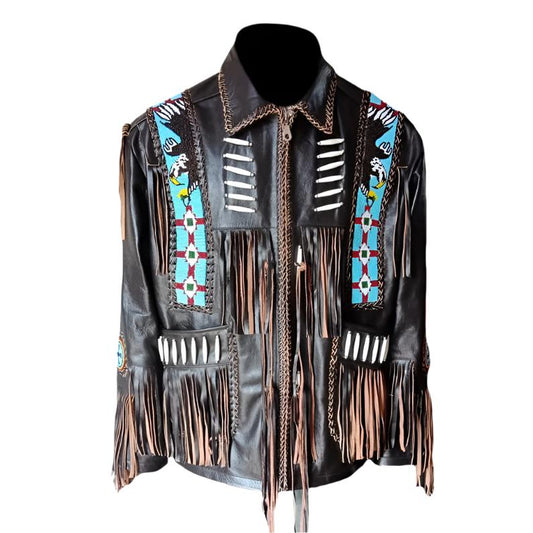 Western Brown Leather Fringe Eagle Beaded Jacket for Men MWJ761