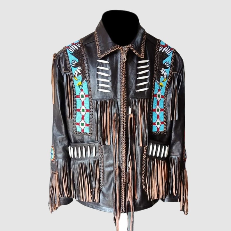 Western Brown Leather Fringe Eagle Beaded Jacket for Men MWJ761