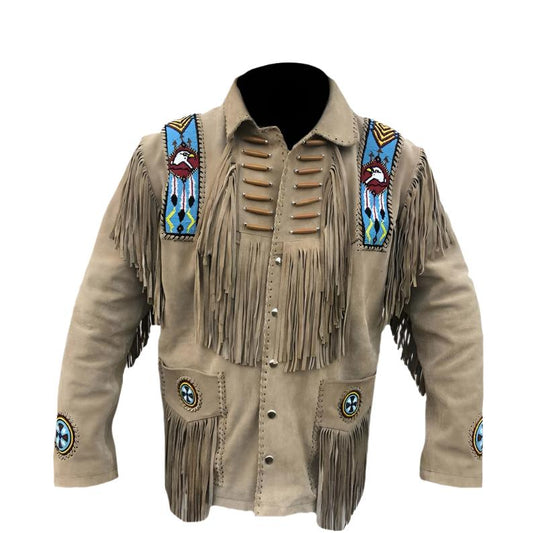 Native American Style Beige Suede Leather Fringe Beaded Jacket for Men MWJ342