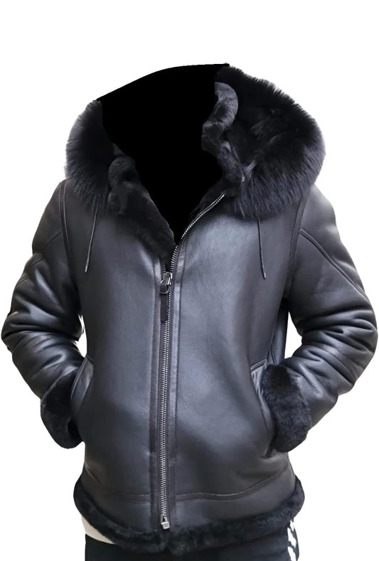 Black Real Shearling Hood Sheepskin Leather Jacket Coat SRJ518