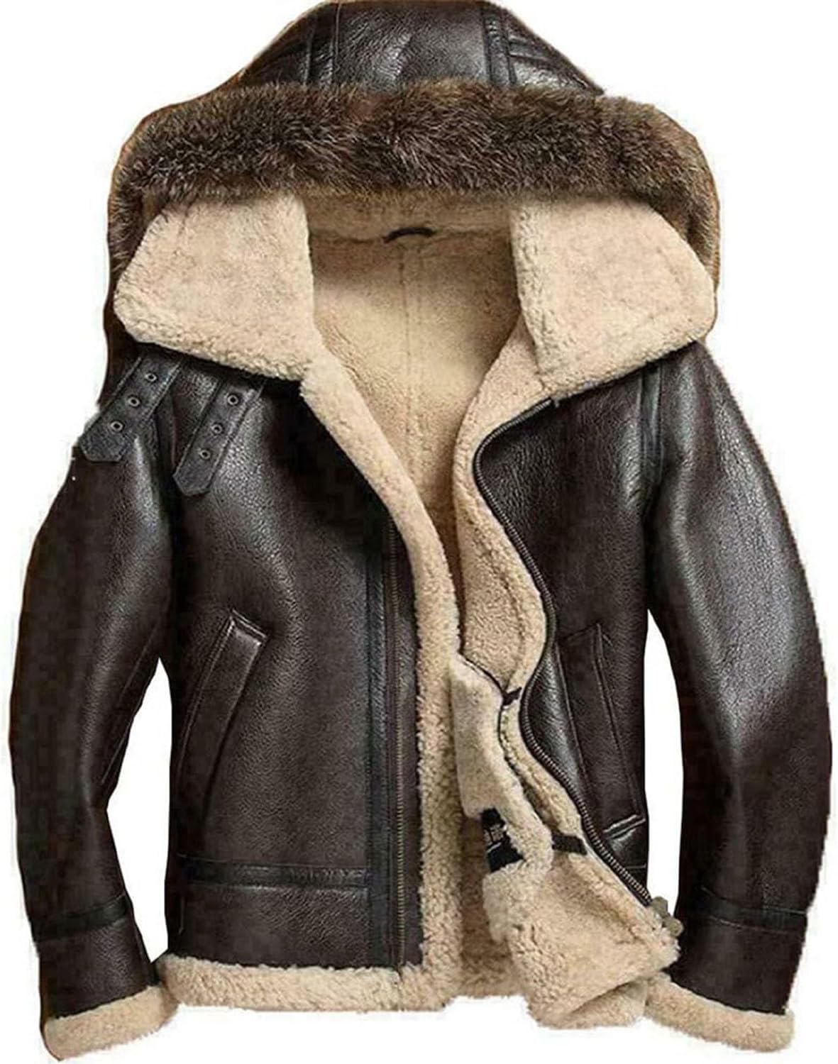 B3 Bomber Pilot Real Shearling Brown Sheepskin Hood Leather Jacket SRJ511